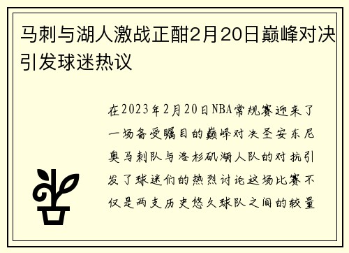 马刺与湖人激战正酣2月20日巅峰对决引发球迷热议